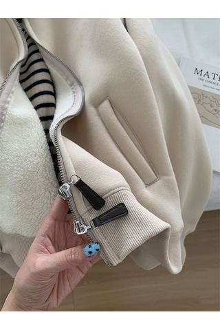 Snapbuy İçi Polarlı, Fermuarlı, Dik Yaka Kadın Sweatshirt Ceket Krem