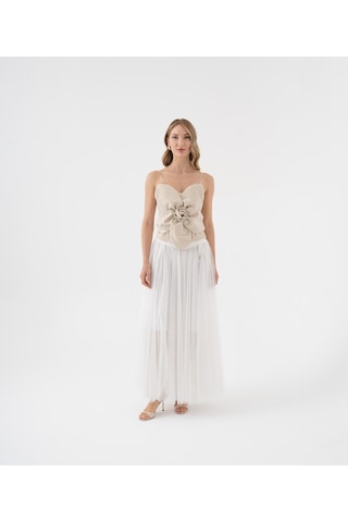 Tül Katmanlı Uzun Şifon Etek Ekru