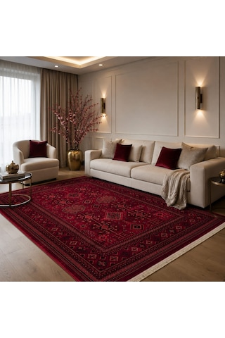 Afgan Türkmen Otantik Desenli Dokuma Salon Ve Oturma Odası Halısı Bordo