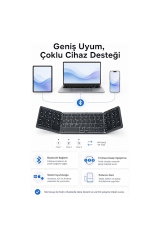 Siyah Katlanabilir Bluetooth Klavye 81 Tuşlu Sayısal Tuş Takımlı Şarjlı Kablosuz Klavye Tablet Telefon Ve Laptop Uyumlu. Siyah