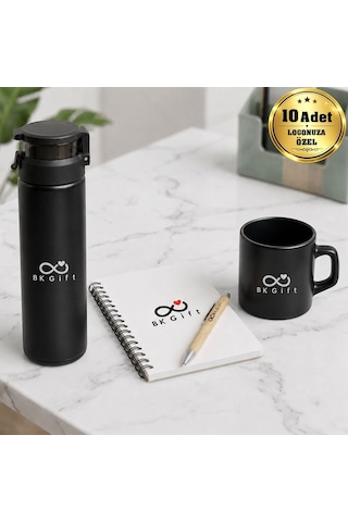 Logonuza Özel 10 Adet Ahşap Kutulu Siyah Kurumsal Hediye Seti Cam Suluk, Seramik Fincan, Defter Ve Kalemli Promosyon Seti