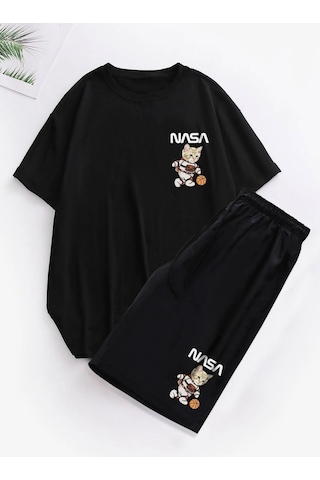 Unisex Oversize Nasa Kedicik Baskılı Siyah Bisiklet Yaka T-shirt Şort Siyah