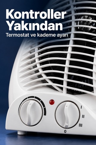 Termostat Ve Kademe Ayarlı Beyaz Fanlı Isıtıcı Devrilme Emniyetli