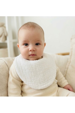 Oval Bej Ve Beyaz 2'li %100 Pamuk Müslin Bebek Önlüğü / Yakalık / Salya Önlüğü