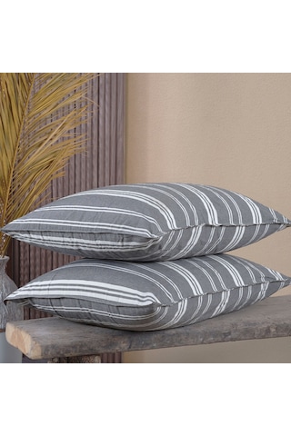 Pamuklu İpliği Boyalı Yıkamalı Kapaklı Yastık Kılıfı 2 Li Set 50x70 Cm Çift İğne Detaylı Gri - Beyaz