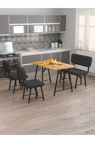 Hayat 70 X 110 Atlantik Mutfak Masası, Mutfak Masası Takımı, Yemek Masası, 2 Sandalye 1 Bench - Antrasit Antrasit
