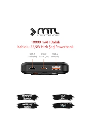 10000 Mah 22.5w Süper Hızlı Şarj Dahili Kablolu Dijital Led Göstergeli Pd Ve Qc 3.0 Powerbank Mt4310 Siyah
