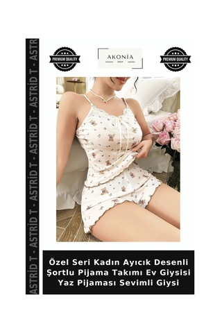 Astrid T Özel Seri Kadın Ayıcık Desenli Şortlu Pijama Takımı Ev Giysisi Yaz Pijaması Sevimli Giysi