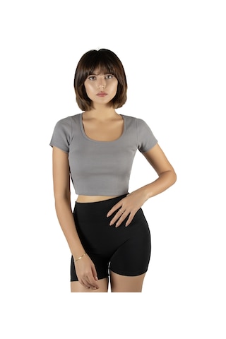 Terapi Men Gri Havuz Yaka Fitted/vücuda Oturan Kısa Kol Crop Tişört Gri