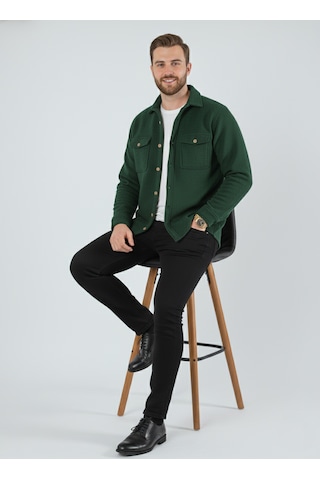Yxc Trend Maker Erkek Slim Fit Düğmeli Yaka Çift Cepli Düz Siyah Polar Erkek Gömlek Yeşil