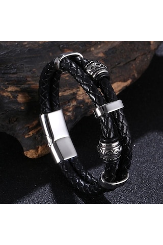 Viking Tarzı İskandinav Runeleri Muska Çift Katmanlı Paslanmaz Çelik Erkek Deri Bileklik İskandinav Mitolojisi Takıları Bb1355 Siyah