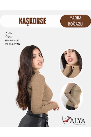 Alya Underwear Kaşkorse Yarım Boğaz Body Sweatshirt, Fitilli Kumaş, Likralı, Bordo Kahverengi Melanj