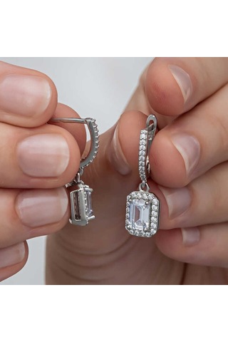 Aya Diamond Gümüş Beyaz Baget Taşlı Sallantılı Kadın Küpe Beyaz