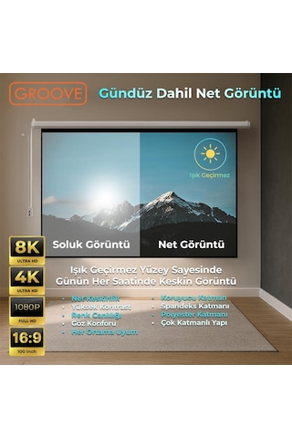 Groove Vizio Pro 100 Inch Blackout Işık Geçirmez Elektrikli Otomatik Kumandalı Projeksiyon Perdesi 220x125cm +motorlu+canlı Renkler+göz Koruması+leke Tutmaz Projector