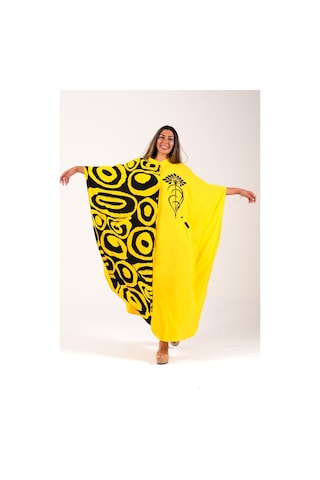 Kadın Sarı Sıfır Yaka Desen Garnili Nakışlı Cepli Oversize Uzun Elbise - Sarı