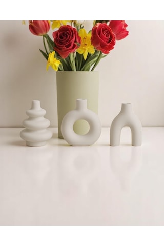 3 Lü El Yapımı Dekoratif Vazo Seti Beyaz