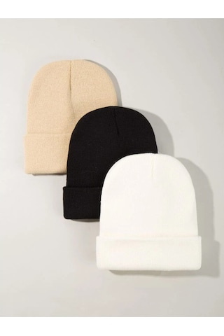 Eke Tekstil Unisex Katlamalı 3'lü Bere Seti Bej - Beyaz - Siyah