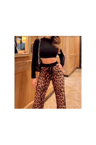 Merc Siyah Crop Leopar Baskılı Pantolon Takım Kahve