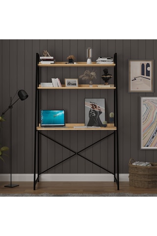 Asra Trend Metal Kitaplıklı Çalışma Masası METALKÇM01 %100 MDF Raf Üniteli Safir Meşe