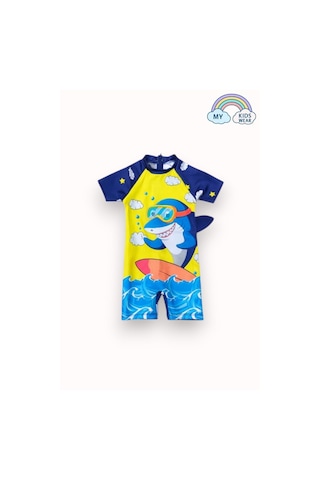 My Kids Wear Erkek Çocuk Deniz Kombini 3 Lü Set Mayo, Havlu Ve Bone 12585 Kırmızı - Sarı