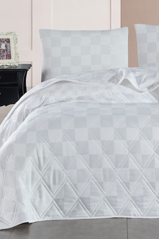 Enlora Home Kareli Saten Çok Amaçlı Örtü Çift Kişilik Beyaz