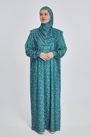 Pratik Tek Parça Çiçek Desenli Namaz Elbisesi Petrol Petrol Mavi