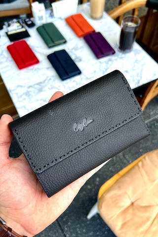 Premium Gift Rose Box - Jesi Siyah Hakiki Deri Kadın Cüzdan Siyah Gül Kutusu Siyah