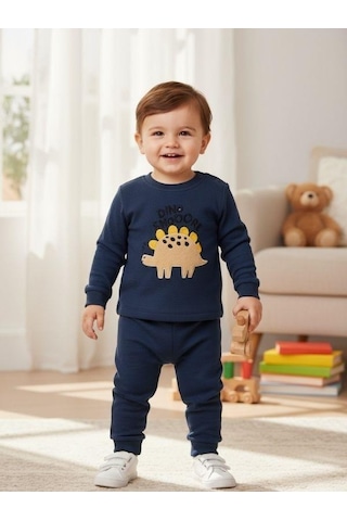 Zekids Erkek Bebek Pamuklu Dokulu Kumaş Dinozorlu Eşofman Takımı-16384 Lacivert