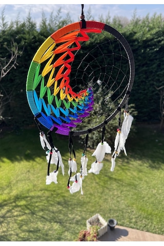 7 Çakra Renkli Siyah Süet Kasnaklı Büyük Rüya Kapanı -27cm Çap