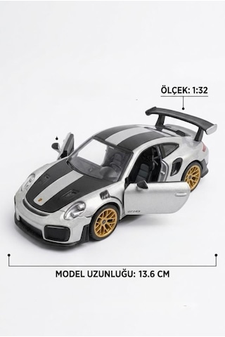 Hobbiez Lisanslı Porsche 911 Gt2 Kapıları Açılabilir Model Diecast 1/32 Ölçek Metal Standlı Araç Gri