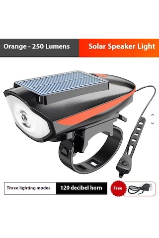 Solar 6163 Şarjlı 250 Lümen 140 Db Yüksek Sesli Bisiklet Ön Farı Ve Korna Turuncu Güneş Enerjili Far Turuncu