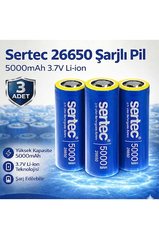 Sertec 26650 Şarjlı Pil 5000mah 3.7v Li-ion Başlıksız Düz 3lü