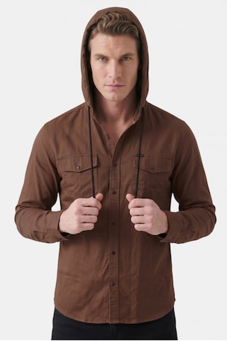 Deep Sea Deepsea Kahve Kapüşonlu Likralı Kot Gömlek Slim Fit Çıt Çıt Kapamalı Erkek Gömlek 2300396