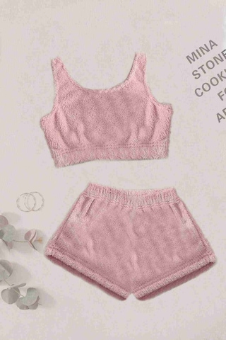 Merry See Tek Renk 1 Takım Kolsuz Askılı Peluş Polar Alt Üst Şortlu Pijama Takımı Pembe Açık 001