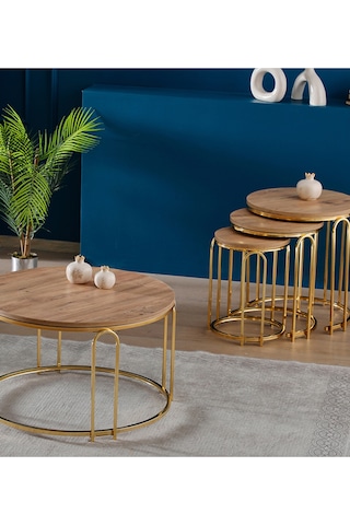 Lenka Zigon Orta Sehpa Takımı Yuvarlak Gold Metal 3+1 - Açık Ceviz Sedaş-lenka-zigon-orta-gold Açık Ceviz