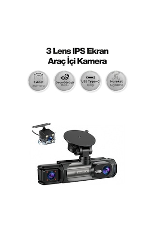 1080p Ön Arka Ve Araç İçi Kayıt Kamerası 3 Kamera Lens Hareket Algılama Park Yardım 3.16inç Ekran