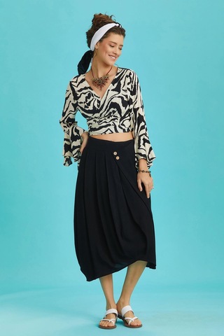 Rahat Kesim Geniş Pileli Siyah Anvelop Midi Etek Siyah