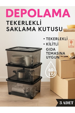 60 Lt Tekerlekli Saklama Kutusu 3'lü Set - Kilitli, Gıda Temasına Uygun, Şeffaf Depolama Kutusu Siyah