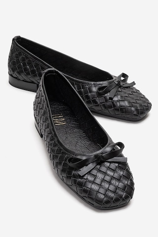 Luvishoes Garen Siyah Örgü Hakiki Deri Fiyonklu Kadın Babet Ayakkabı