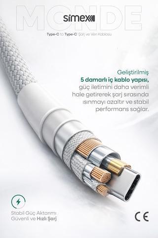 Simex İphone 15-16-17 Serileri Uyumlu - İphone Samsung Redmi Uyumlu - 60w Type-c Hızlı Şarj Kablosu Spk10