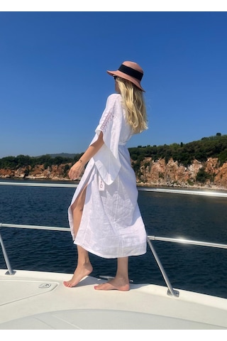 Mayovera Kimono - Nakışlı Beyaz %100 Keten Plaj Elbisesi Beyaz