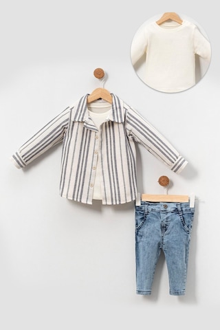 Yumuşak Doku Pamuklu Çizgi Detay Gömlekli Erkek Bebek Takım Mavi