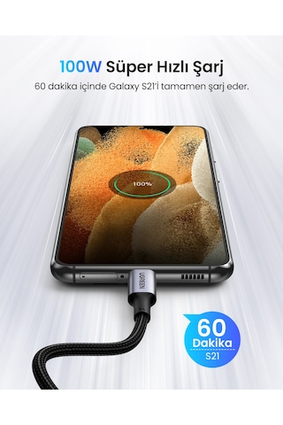 Ugreen Usb-c 100w 5a Qc Pd 90 Derece Örgülü Hızlı Şarj Kablosu, 1 Metre, Siyah, 70643 -