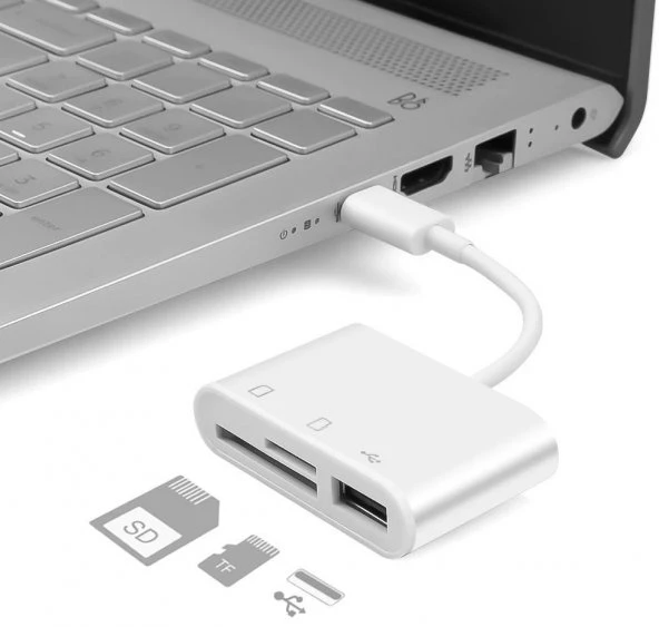 Mettzchrom Apple Uyumlu iPhone 15 / 16 / 17 Serilerine 3in 1 Kart Hafıza Kart Okuyucu Type-c Sd Micro Sd Kart Usb