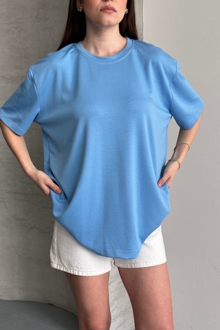Balenbi Kadın Modal Bisiklet Yaka Basic Yarım Kollu T-shirt 1211 Mavi
