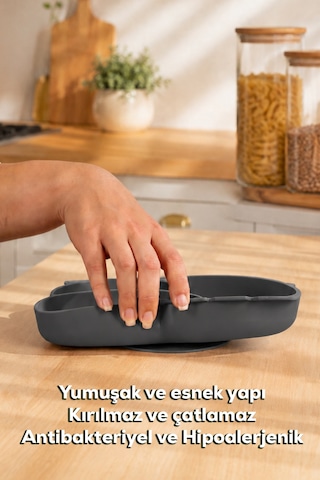 Porsima Mys34005 Silikon 3 Bölmeli Kaymaz Bebek Mama Tabağı Antrasit 14 21cm