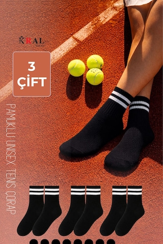 Kral Socks Erkek Kadın 3 Çift Çizgili Kolej Tenis Çorabı Pamuklu Terletmez Çorap Siyah