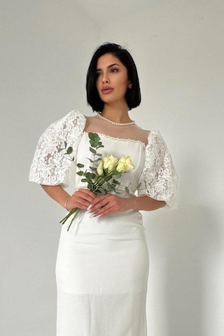 Valensdesign Beyaz İncili Tül Detay Elbise Beyaz