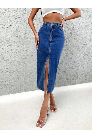 Kadın Denim Esnek Kumaş Yırtmaçlı Uzun Etek Koyu Mavi