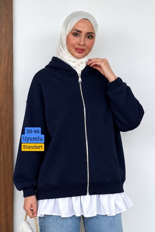Balenbi Kadın 3 İplik İçi Polarlı Kapüşonlu Fırfır Detaylı Tesettür Basic Sweat Hırka 394 Lacivert